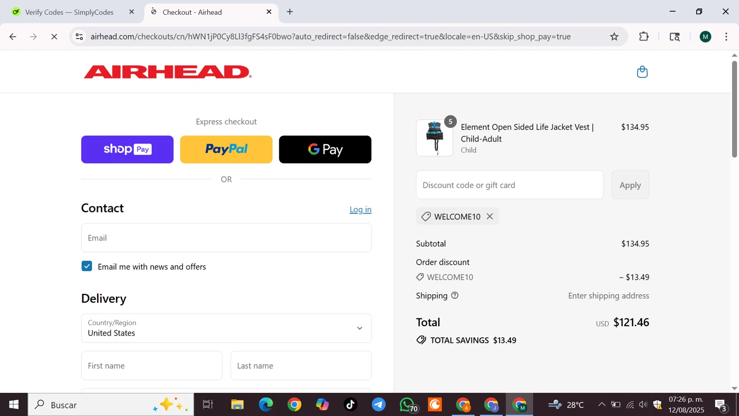 Airhead promo code screenshot showing code welcome10 applied at Airhead checkout page. Uploaded by SimplyCodes community member JPRJOESTAR on Aug 12, 2025