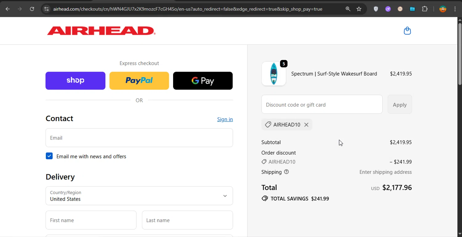 Airhead promo code screenshot showing code AIRHEAD10 applied at Airhead checkout page. Uploaded by SimplyCodes community member PrimeShopper6600 on Oct 18, 2025