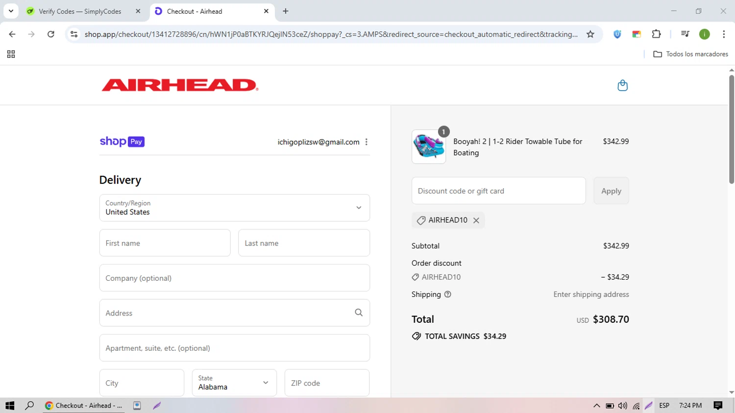 Airhead promo code screenshot showing code AIRHEAD10 applied at Airhead checkout page. Uploaded by SimplyCodes community member nicolasquevedo on Aug 12, 2025