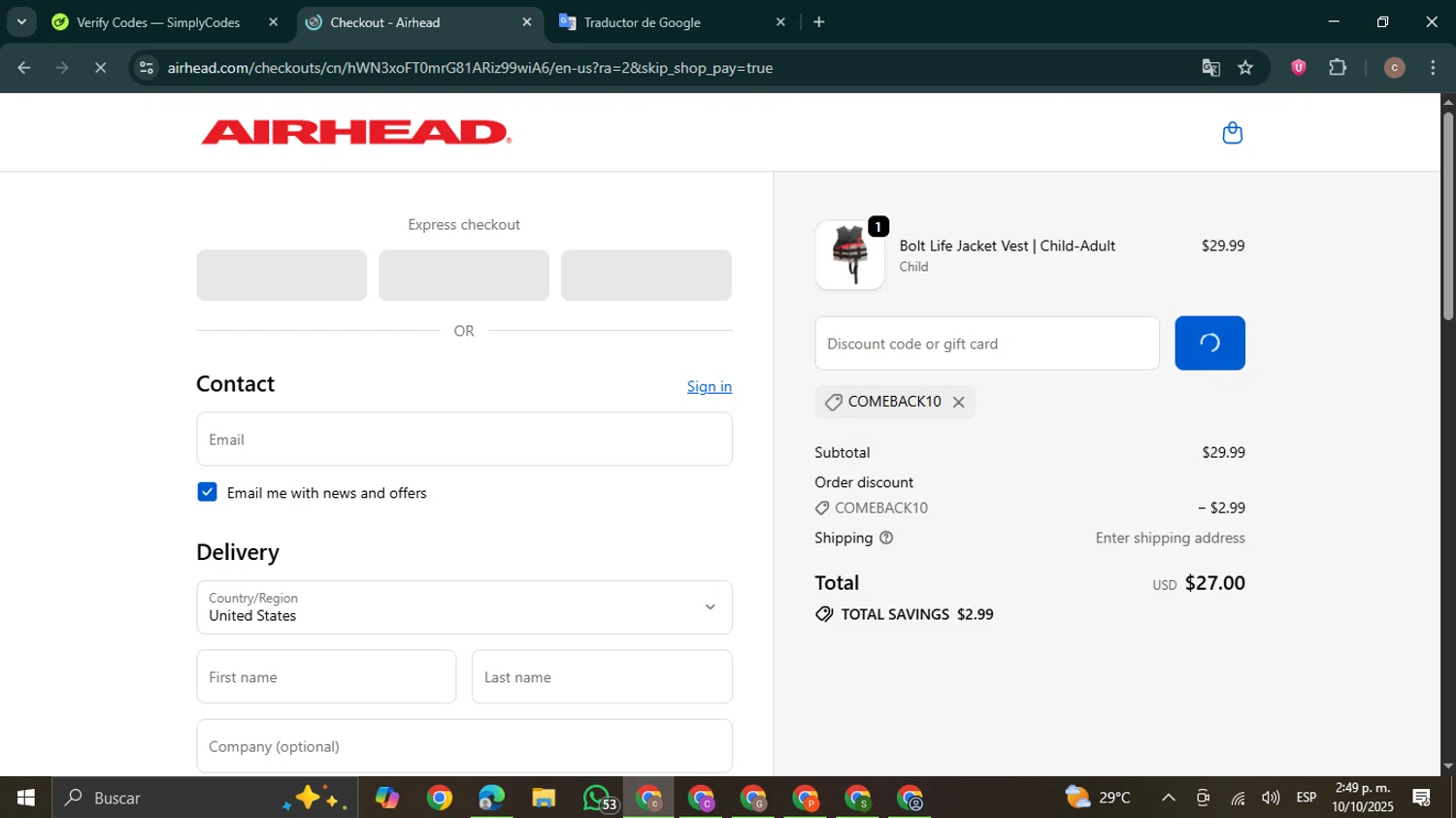 Airhead promo code screenshot showing code COMEBACK10 applied at Airhead checkout page. Uploaded by SimplyCodes community member NobleExpert6497 on Oct 10, 2025