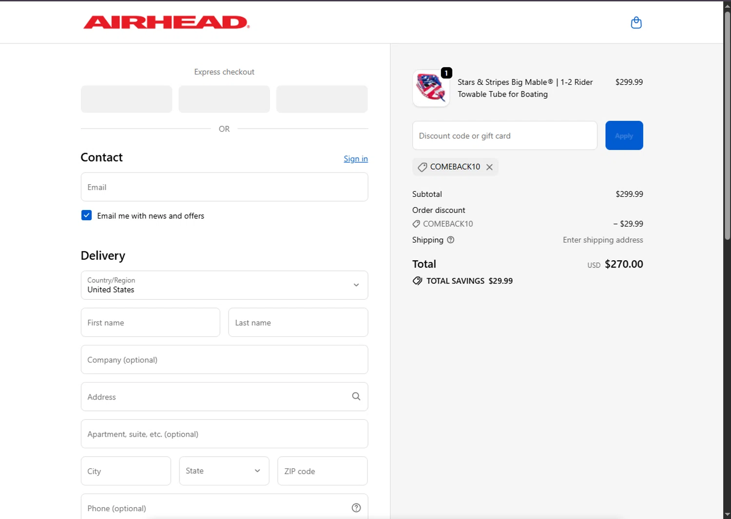 Airhead promo code screenshot showing code COMEBACK10 applied at Airhead checkout page. Uploaded by SimplyCodes community member VoucherFinder3467 on Nov 29, 2025