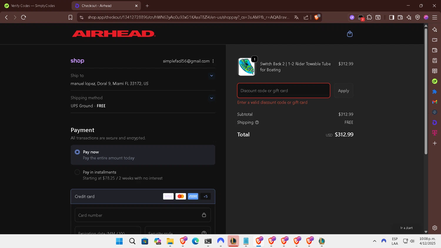 Airhead promo code screenshot showing code BFCM2025 applied at Airhead checkout page. Uploaded by SimplyCodes community member SmartGuardian6731 on Dec 5, 2025