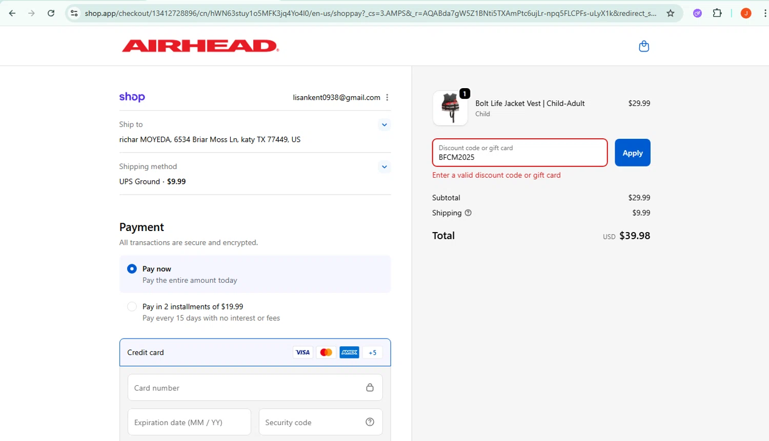 Airhead promo code screenshot showing code BFCM2025 applied at Airhead checkout page. Uploaded by SimplyCodes community member chus007 on Dec 5, 2025