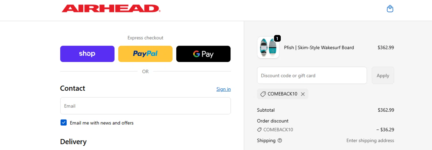 Airhead promo code screenshot showing code COMEBACK10 applied at Airhead checkout page. Uploaded by SimplyCodes community member ashe1986 on Sep 25, 2025