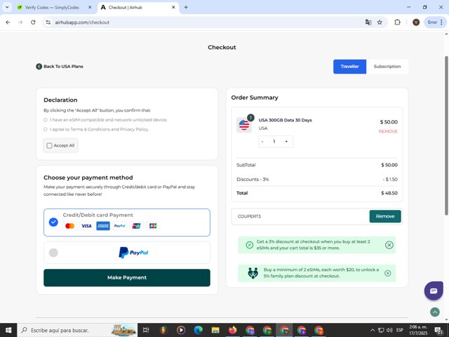 Airhub App checkout page showing Airhub App promo code box | Screenshot taken by SimplyCodes community member on Jul 17, 2025