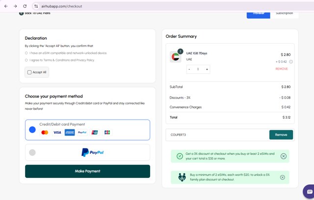 Airhub App checkout page showing Airhub App promo code box | Screenshot taken by SimplyCodes community member on Aug 6, 2025