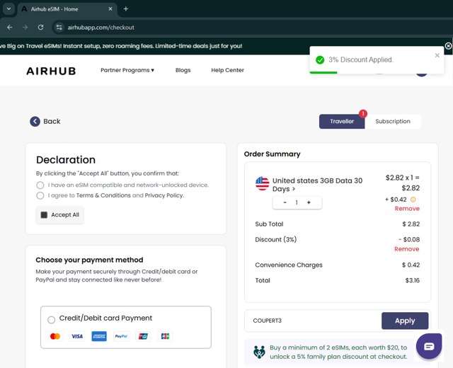 Airhub App checkout page showing Airhub App promo code box | Screenshot taken by SimplyCodes community member on Sep 4, 2025