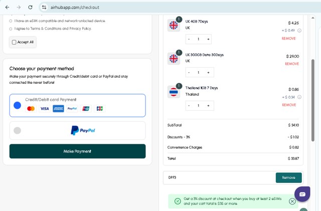 Airhub App checkout page showing Airhub App promo code box | Screenshot taken by SimplyCodes community member on Aug 6, 2025
