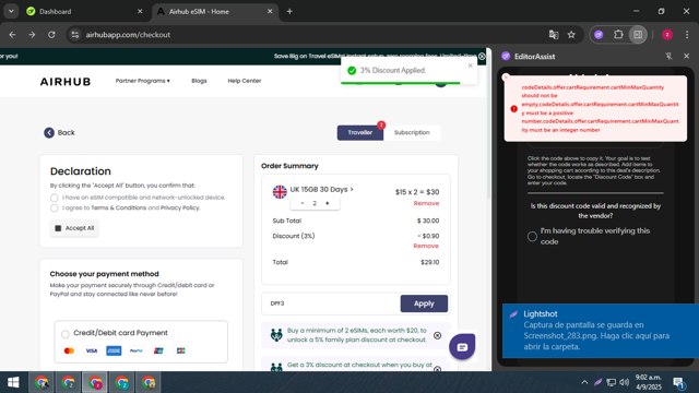 Airhub App checkout page showing Airhub App promo code box | Screenshot taken by SimplyCodes community member on Sep 4, 2025