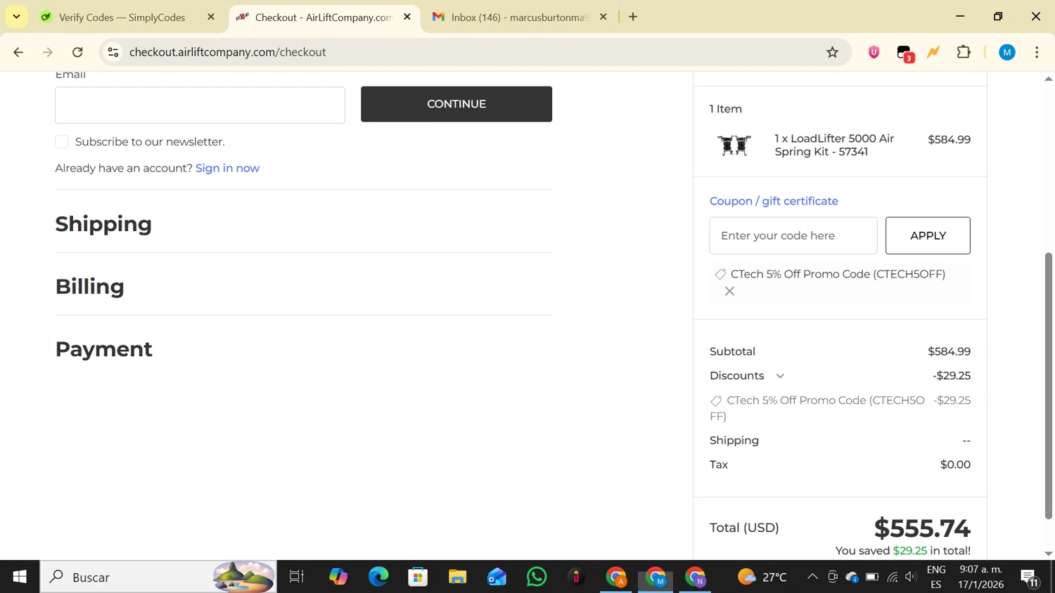 Air Lift promo code screenshot showing code CTECH5OFF applied at Air Lift checkout page. Uploaded by SimplyCodes community member LegendaryAce4371 on Jan 17, 2026