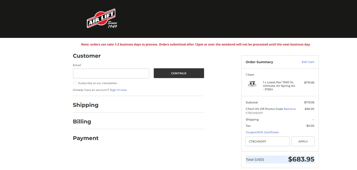 Air Lift promo code screenshot showing code CTECH5OFF applied at Air Lift checkout page. Uploaded by SimplyCodes community member ashe1986 on Nov 20, 2025