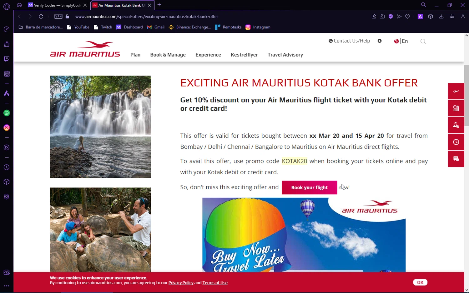 Air Mauritius checkout page showing Air Mauritius promo code box | Screenshot taken by SimplyCodes community member on Mar 12, 2024