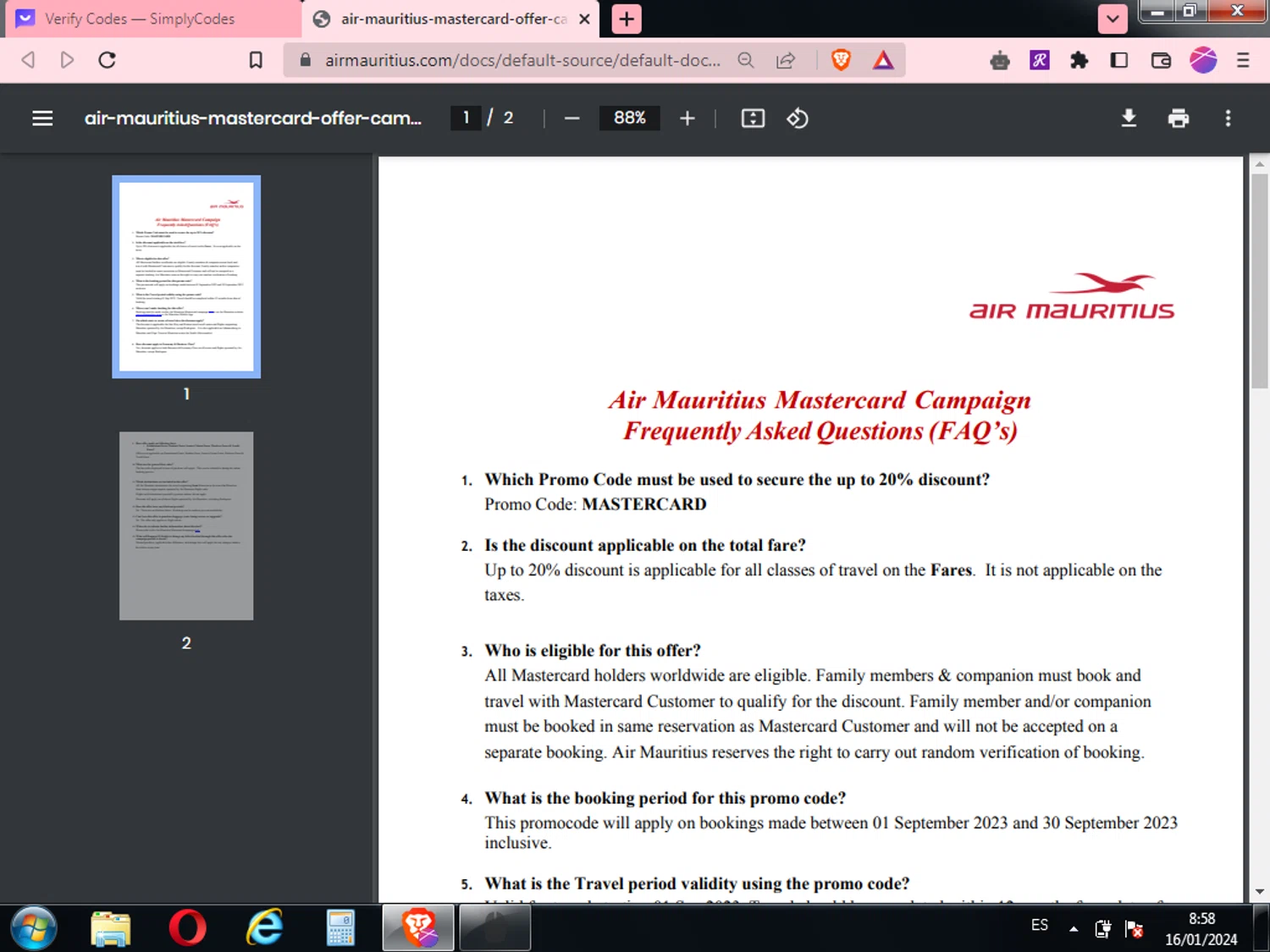 Air Mauritius checkout page showing Air Mauritius promo code box | Screenshot taken by SimplyCodes community member on Jan 16, 2024