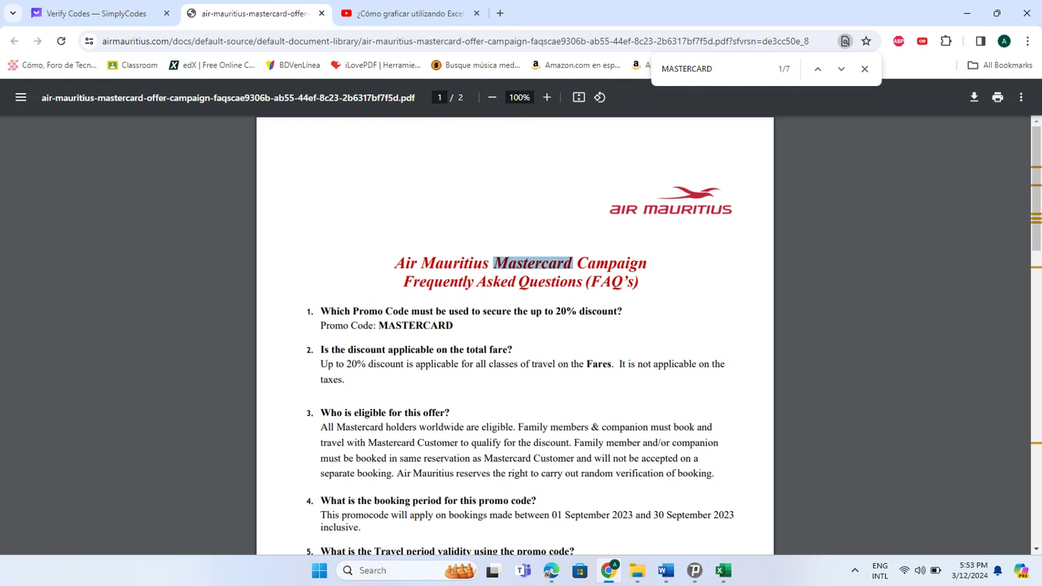 Air Mauritius checkout page showing Air Mauritius promo code box | Screenshot taken by SimplyCodes community member on Mar 12, 2024