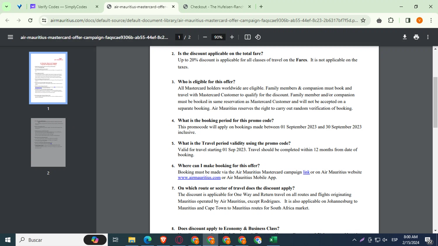Air Mauritius checkout page showing Air Mauritius promo code box | Screenshot taken by SimplyCodes community member on Feb 15, 2024