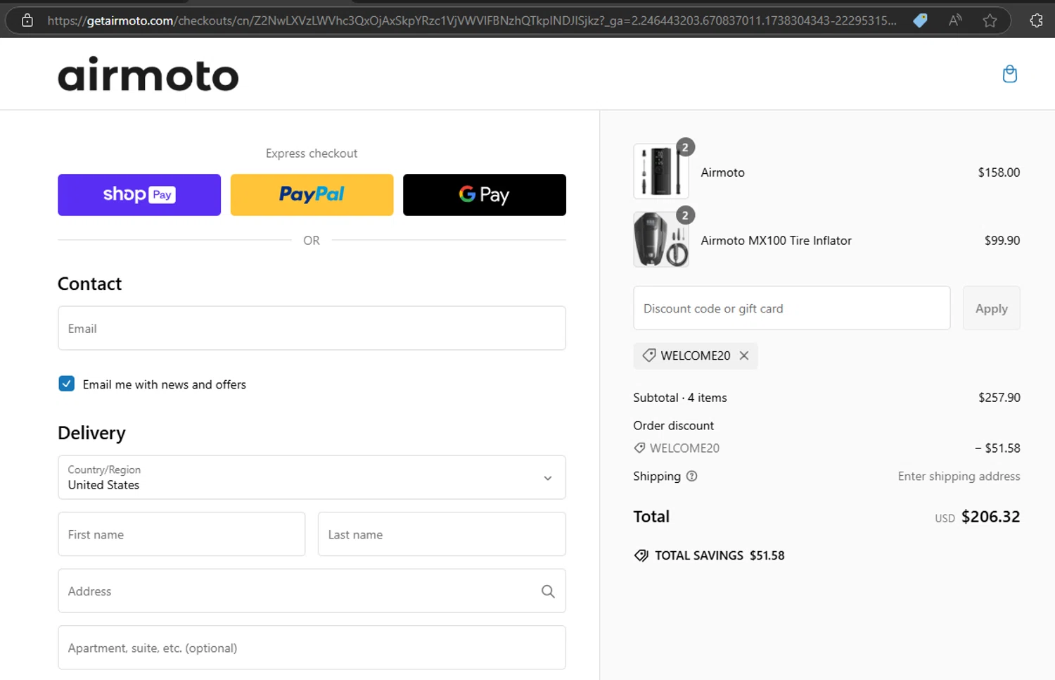 Airmoto discount code screenshot showing code WELCOME20 applied at Airmoto checkout page. Uploaded by SimplyCodes community member JEMITOIG on Jan 31, 2025