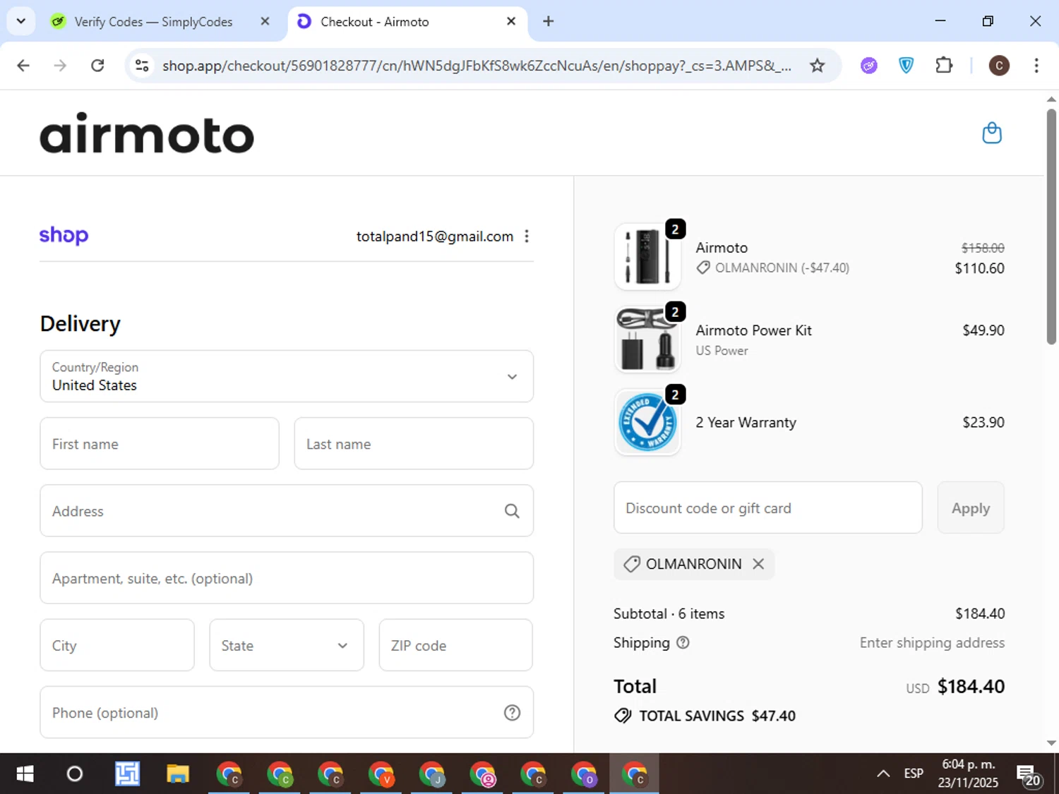 Airmoto discount code screenshot showing code olmanronin applied at Airmoto checkout page. Uploaded by SimplyCodes community member TreasureFox8596 on Nov 23, 2025