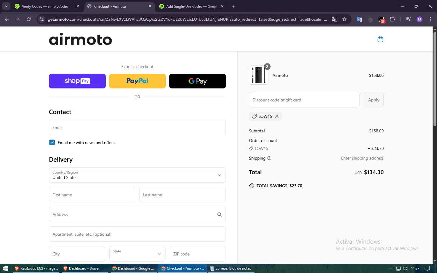 Airmoto discount code screenshot showing code Low15 applied at Airmoto checkout page. Uploaded by SimplyCodes community member usuario500 on May 23, 2025