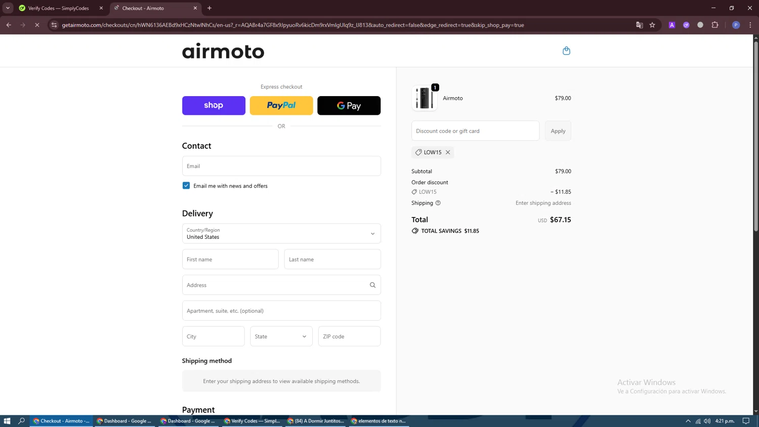 Airmoto discount code screenshot showing code Low15 applied at Airmoto checkout page. Uploaded by SimplyCodes community member Darknigth31 on Dec 3, 2025