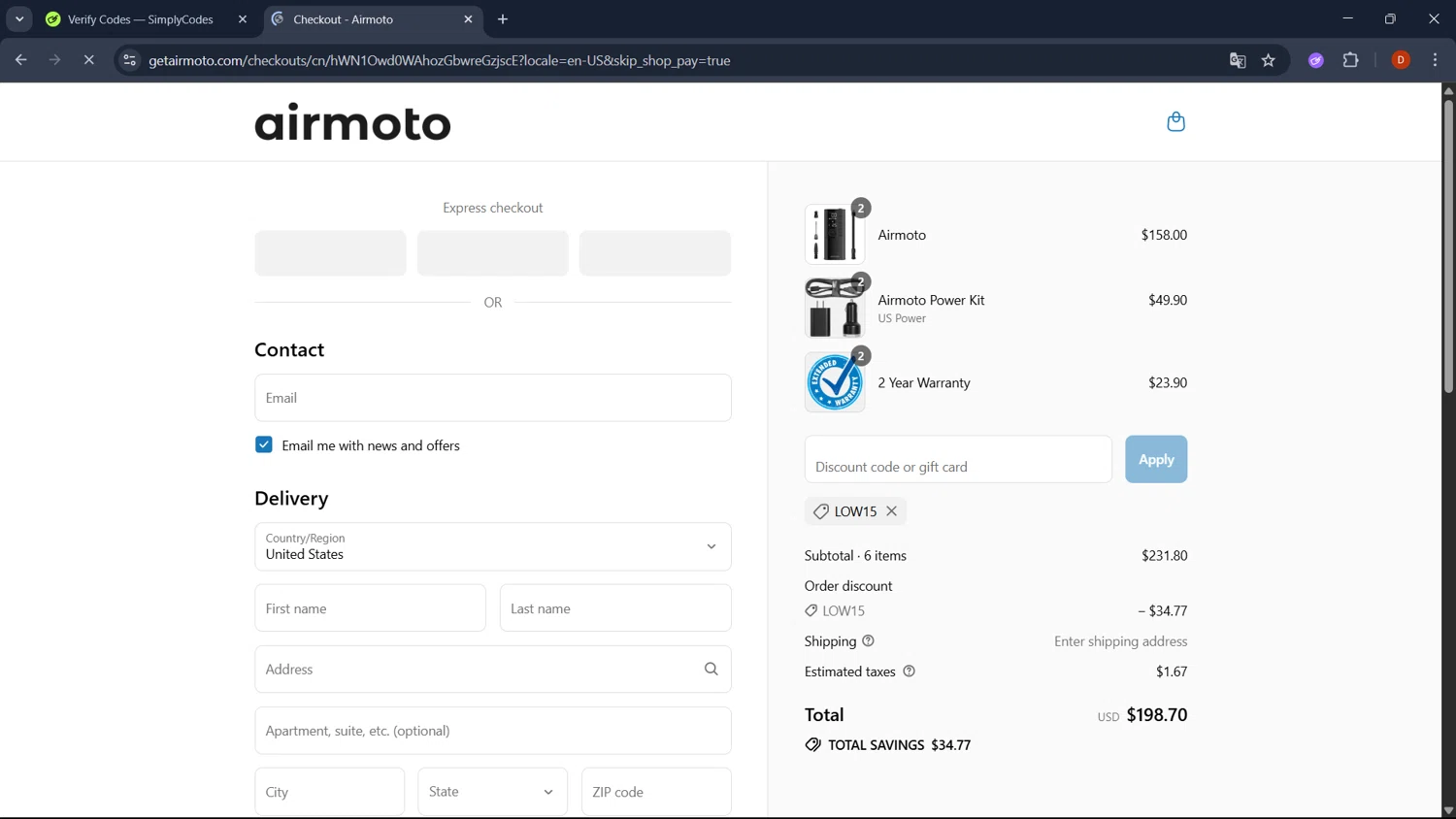 Airmoto discount code screenshot showing code Low15 applied at Airmoto checkout page. Uploaded by SimplyCodes community member RoyalSaver3150 on Aug 4, 2025