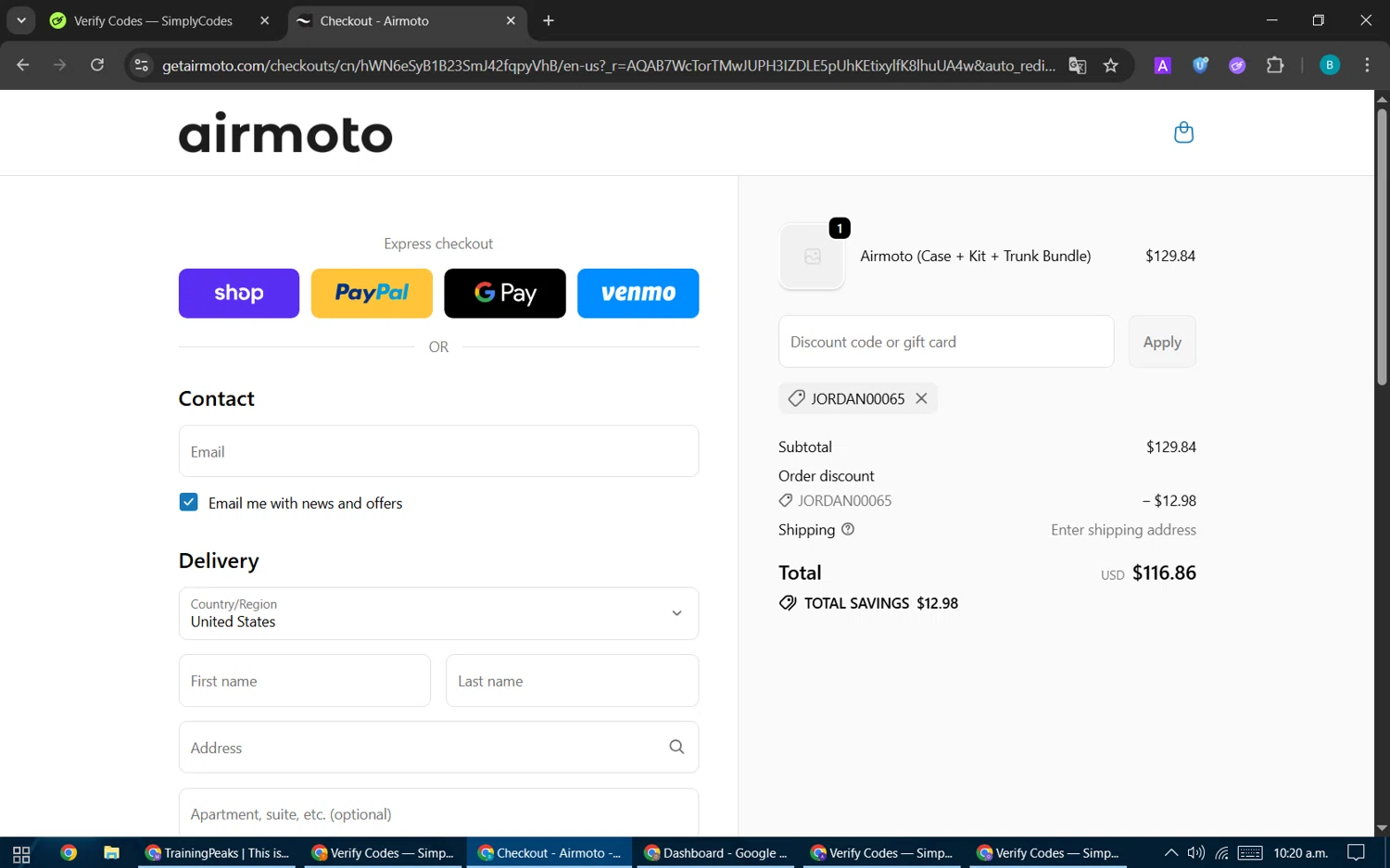 Airmoto discount code screenshot showing code JORDAN00065 applied at Airmoto checkout page. Uploaded by SimplyCodes community member CleverPilot5845 on Dec 20, 2025