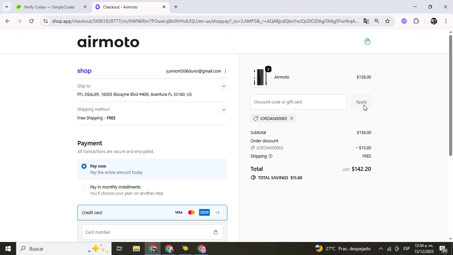 Airmoto discount code screenshot showing code JORDAN00065 applied at Airmoto checkout page. Uploaded by SimplyCodes community member Junniorduno on Dec 15, 2025