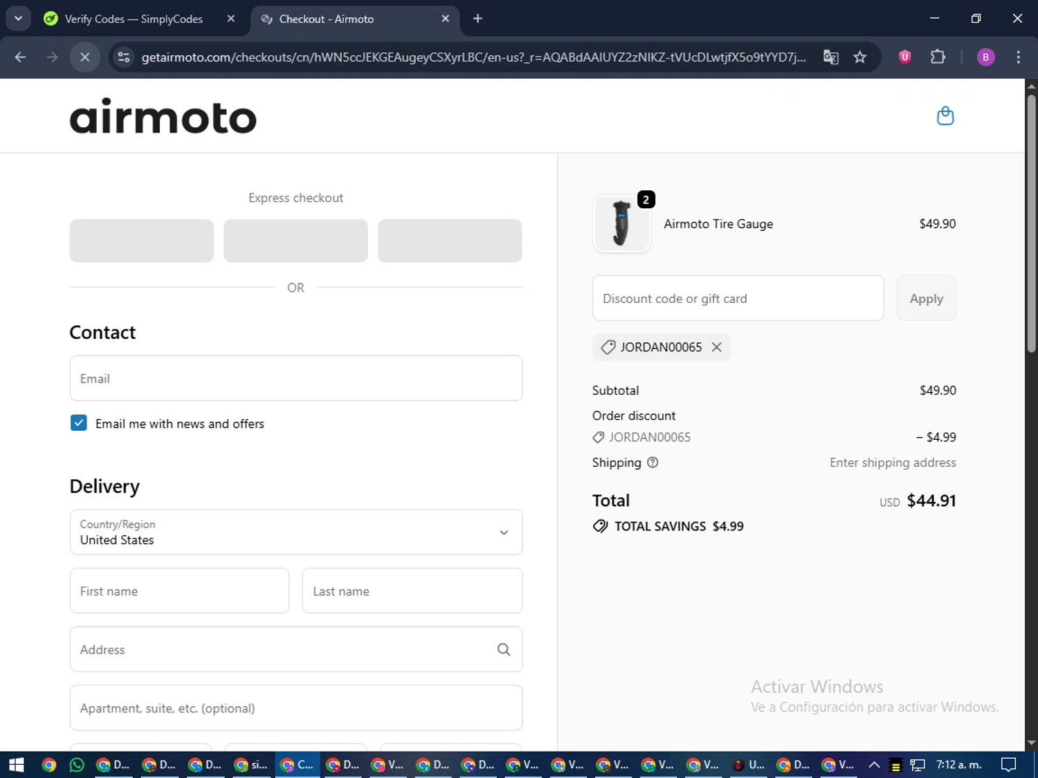 Airmoto discount code screenshot showing code JORDAN00065 applied at Airmoto checkout page. Uploaded by SimplyCodes community member travisscott on Nov 23, 2025