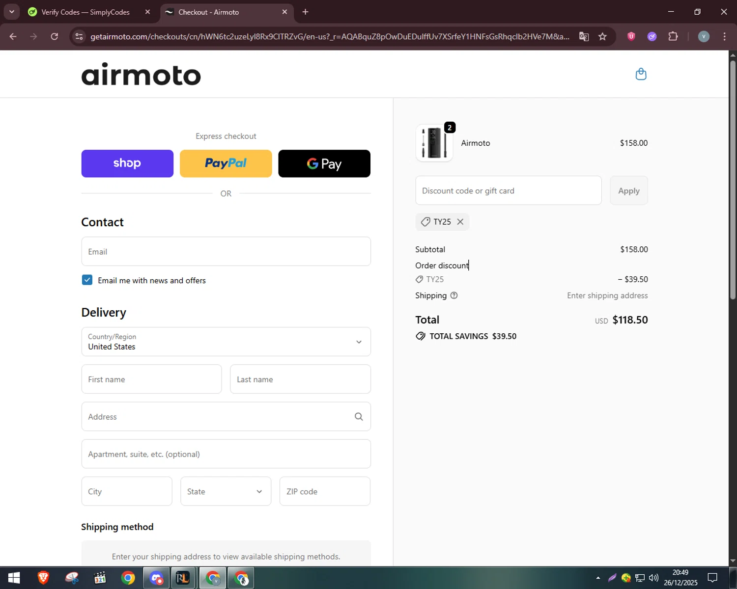 Airmoto discount code screenshot showing code TY25 applied at Airmoto checkout page. Uploaded by SimplyCodes community member charmander589 on Dec 27, 2025