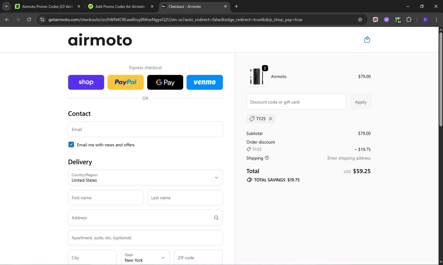 Airmoto discount code screenshot showing code TY25 applied at Airmoto checkout page. Uploaded by SimplyCodes community member Obito6245825041527 on Oct 21, 2025