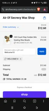 Welcome10 coupon verification screenshot