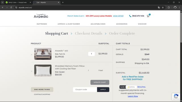 Airpedic checkout page showing Airpedic coupon code box | Screenshot taken by SimplyCodes community member on Mar 14, 2025