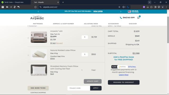 Airpedic checkout page showing Airpedic coupon code box | Screenshot taken by SimplyCodes community member on Aug 12, 2025