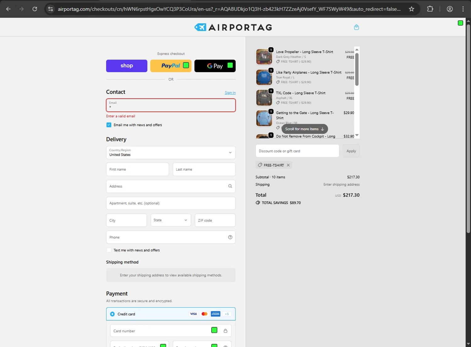 Airportag discount code screenshot showing code FREE-TSHIRT applied at Airportag checkout page. Uploaded by SimplyCodes community member anthonyramirez1 on Dec 26, 2025