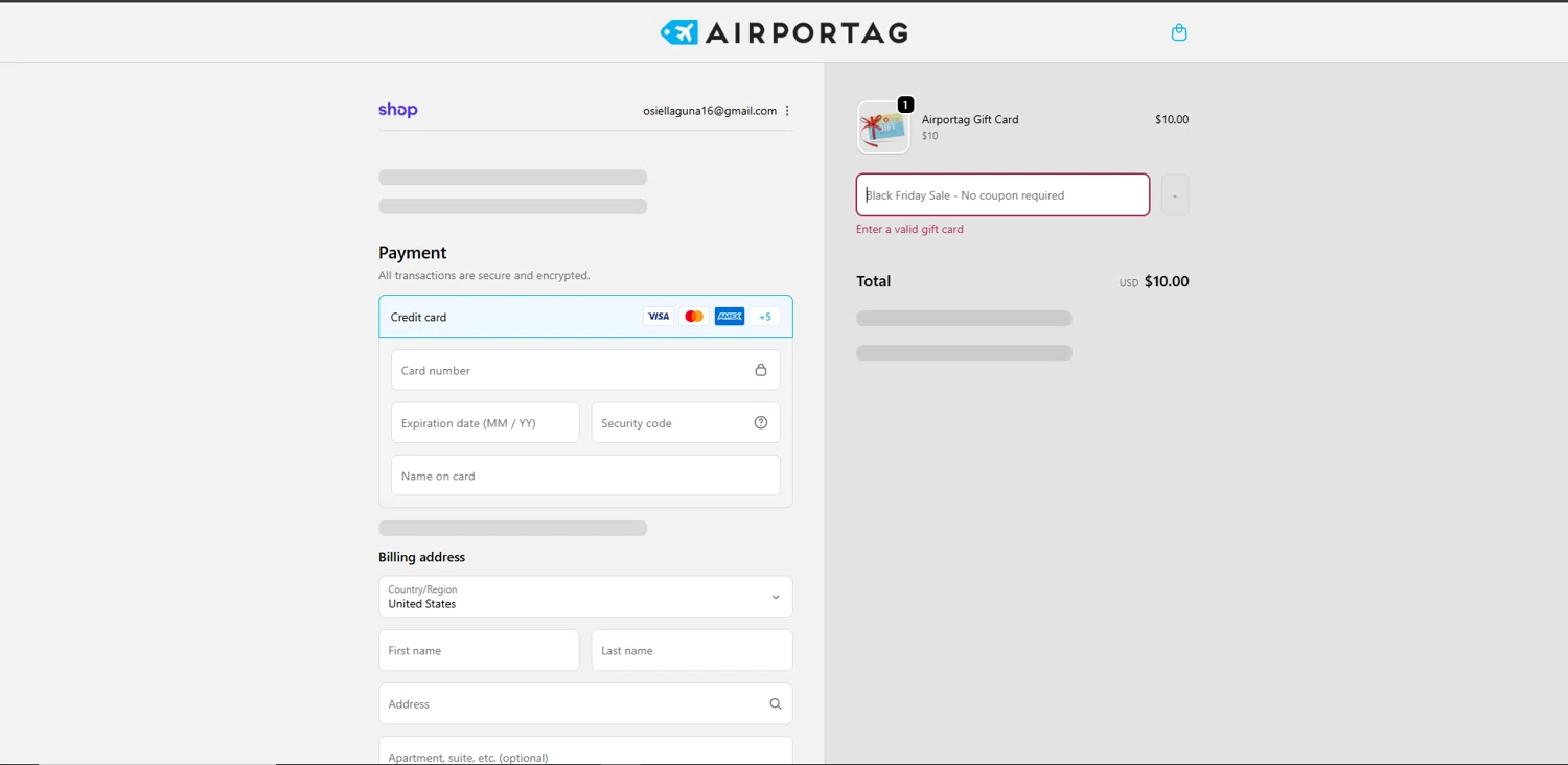 Airportag discount code screenshot showing code GIFT-CARD applied at Airportag checkout page. Uploaded by SimplyCodes community member Elosox1 on Nov 22, 2025