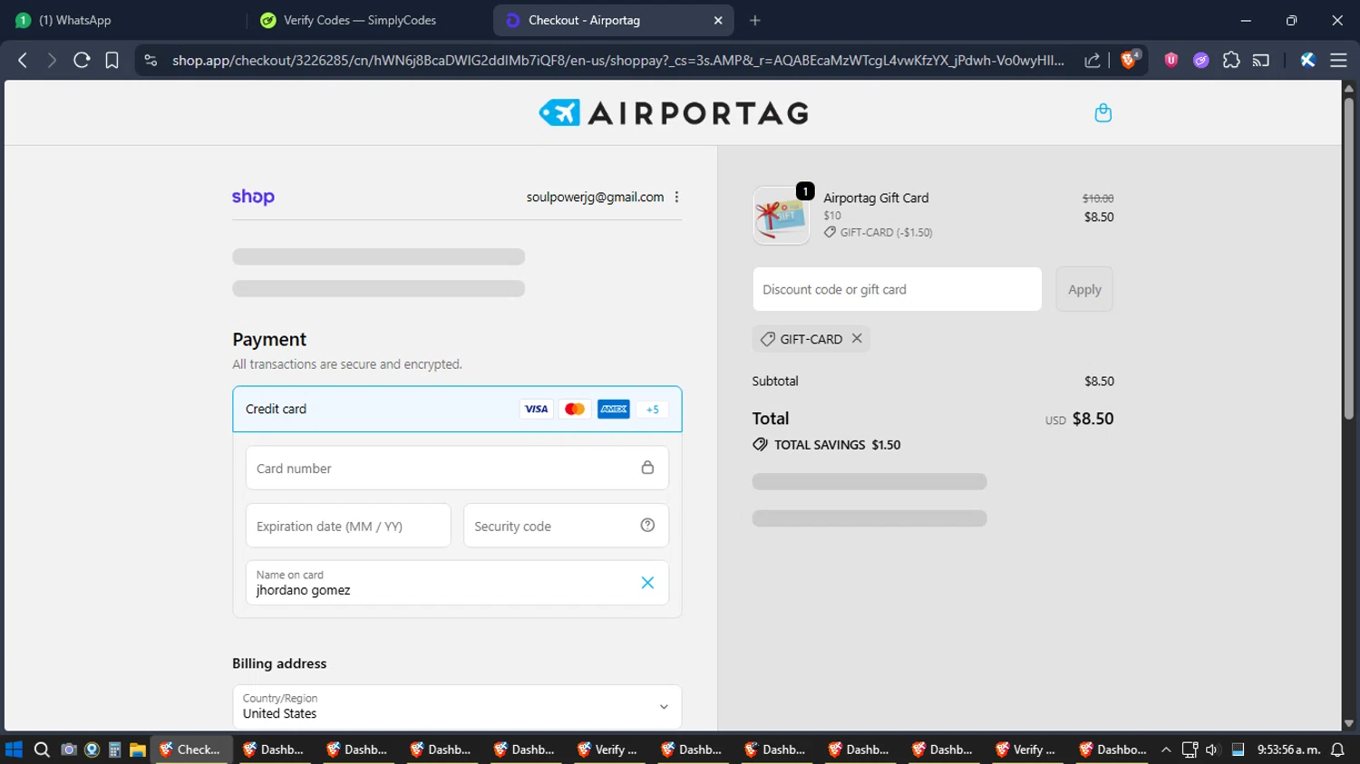Airportag discount code screenshot showing code GIFT-CARD applied at Airportag checkout page. Uploaded by SimplyCodes community member SimplyGOAT on Dec 22, 2025