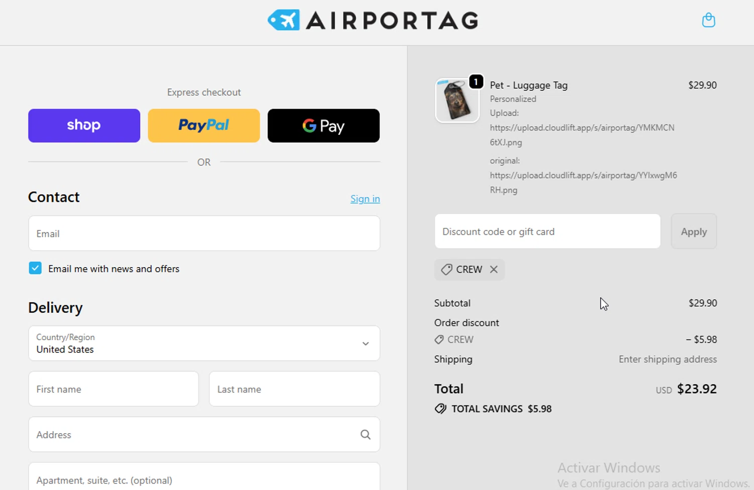 Airportag discount code screenshot showing code CREW applied at Airportag checkout page. Uploaded by SimplyCodes community member BudgetGuardian5712 on Dec 23, 2025