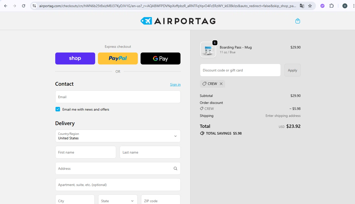 Airportag discount code screenshot showing code CREW applied at Airportag checkout page. Uploaded by SimplyCodes community member Danmiel007 on Dec 19, 2025