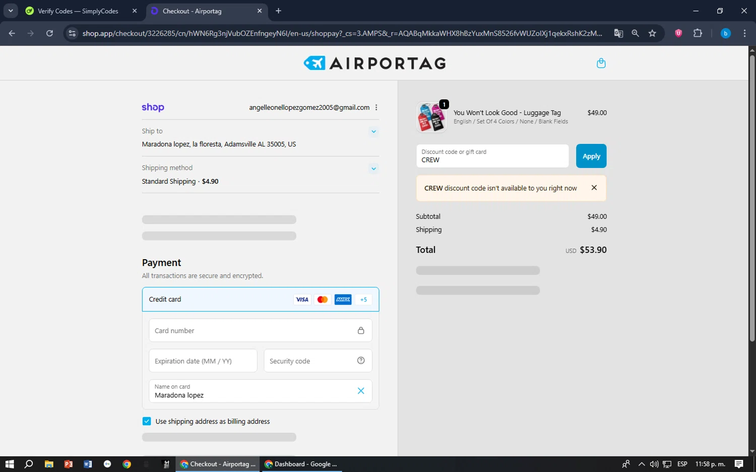 Airportag discount code screenshot showing code CREW applied at Airportag checkout page. Uploaded by SimplyCodes community member bilijr on Dec 15, 2025