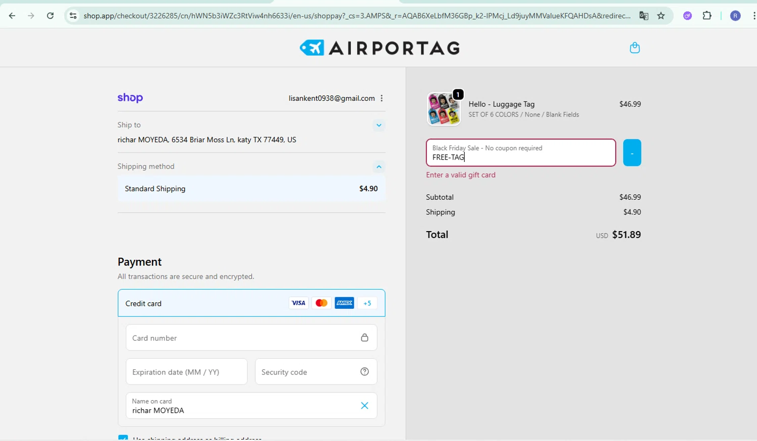 Airportag discount code screenshot showing code FREE-TAG applied at Airportag checkout page. Uploaded by SimplyCodes community member CoinPilot9113 on Nov 22, 2025