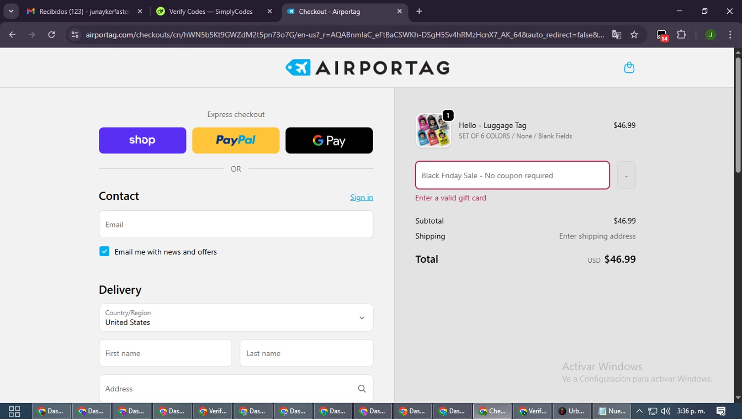 Airportag discount code screenshot showing code FREE-TAG applied at Airportag checkout page. Uploaded by SimplyCodes community member SmartLion6646 on Nov 22, 2025