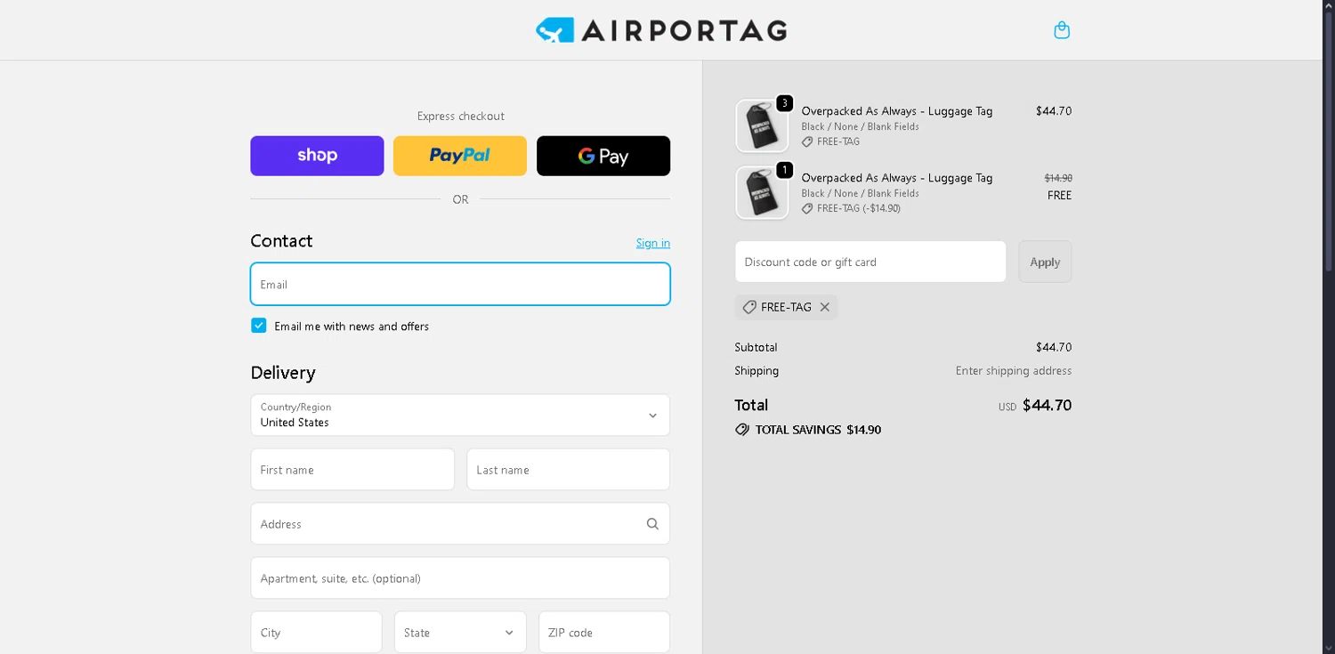 Airportag discount code screenshot showing code FREE-TAG applied at Airportag checkout page. Uploaded by SimplyCodes community member Serdanvz on Dec 22, 2025