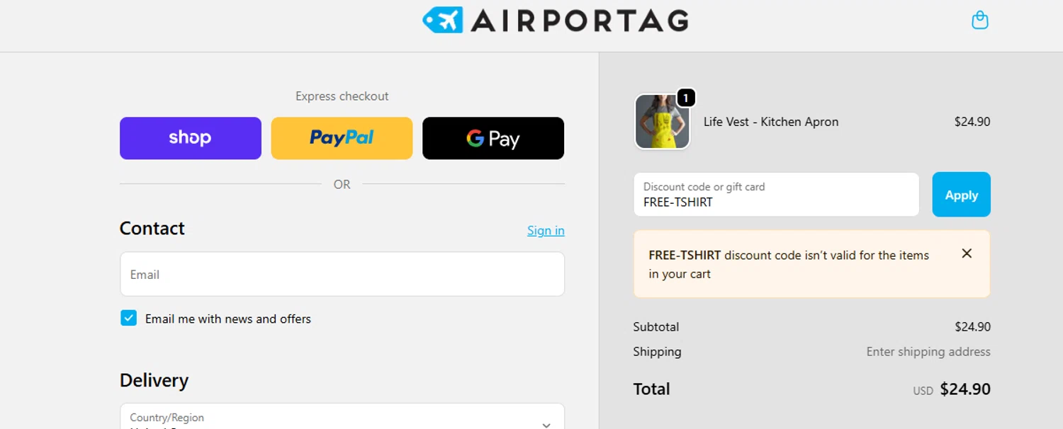 Airportag discount code screenshot showing code FREE-TSHIRT applied at Airportag checkout page. Uploaded by SimplyCodes community member ashe1986 on Dec 16, 2025