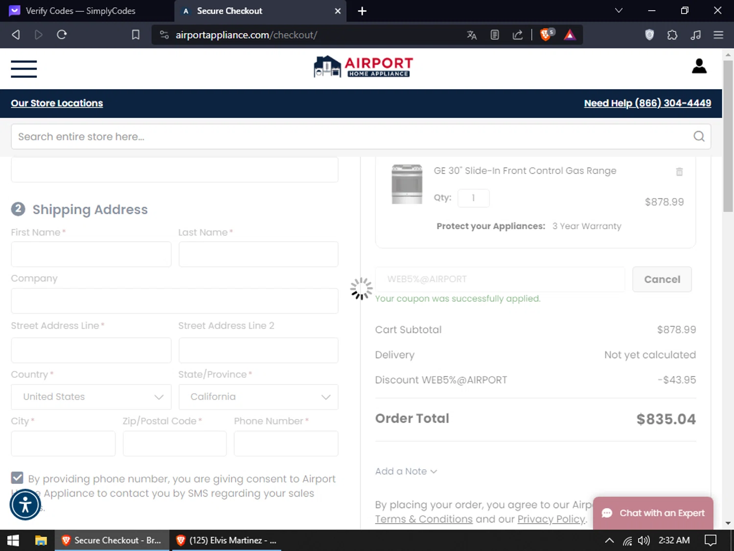 Airport Home Appliance checkout page showing Airport Home Appliance promo code box | Screenshot taken by SimplyCodes community member on Jan 18, 2024