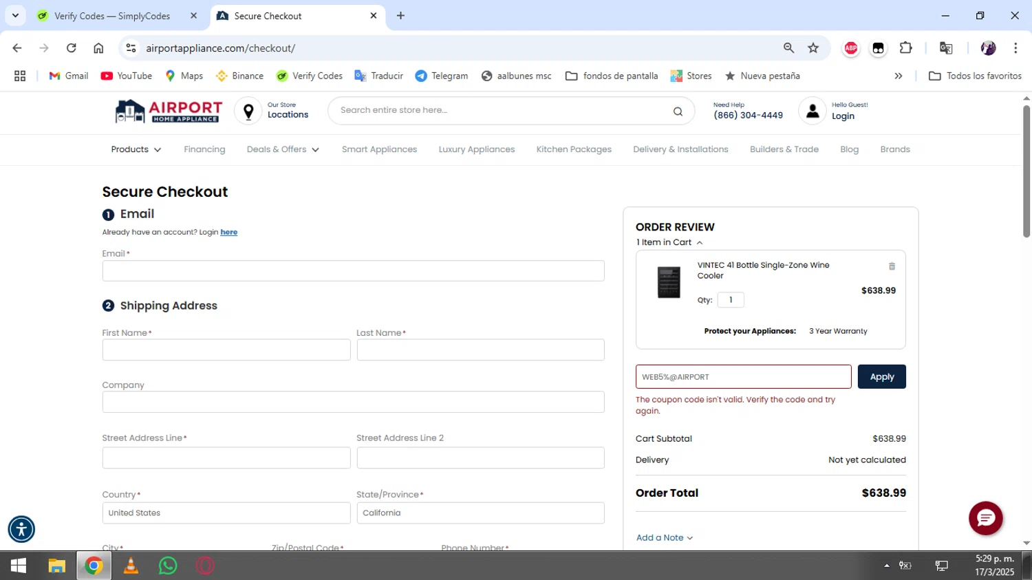 Airport Home Appliance promo code screenshot showing code WEB5%@AIRPORT applied at Airport Home Appliance checkout page. Uploaded by SimplyCodes community member Jonaiver on Mar 17, 2025