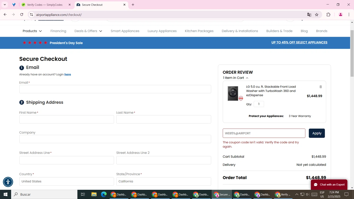 Airport Home Appliance promo code screenshot showing code WEB5%@AIRPORT applied at Airport Home Appliance checkout page. Uploaded by SimplyCodes community member CashNavigator4063 on Feb 23, 2025