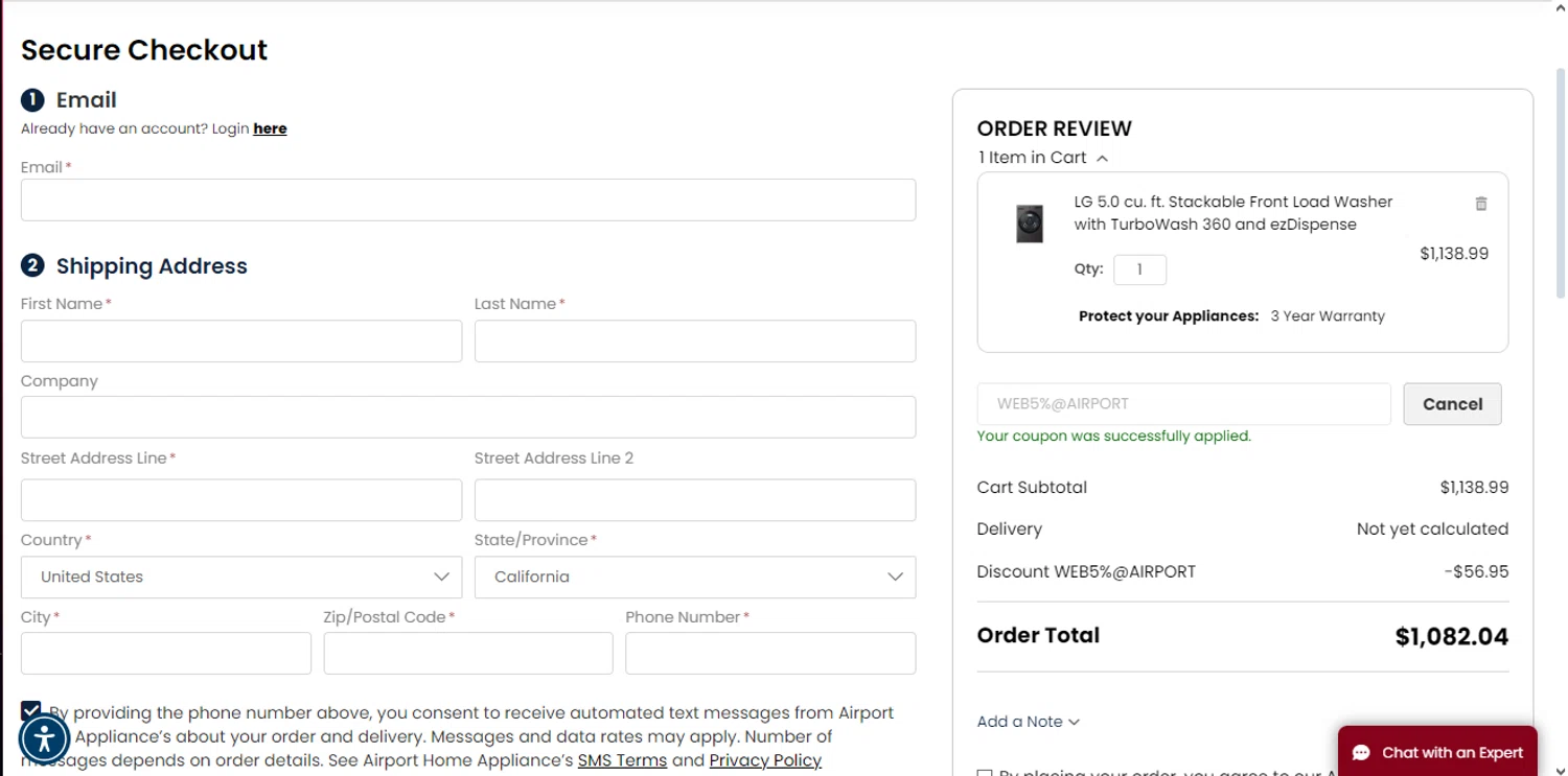 Airport Home Appliance checkout page showing Airport Home Appliance promo code box | Screenshot taken by SimplyCodes community member on May 21, 2024