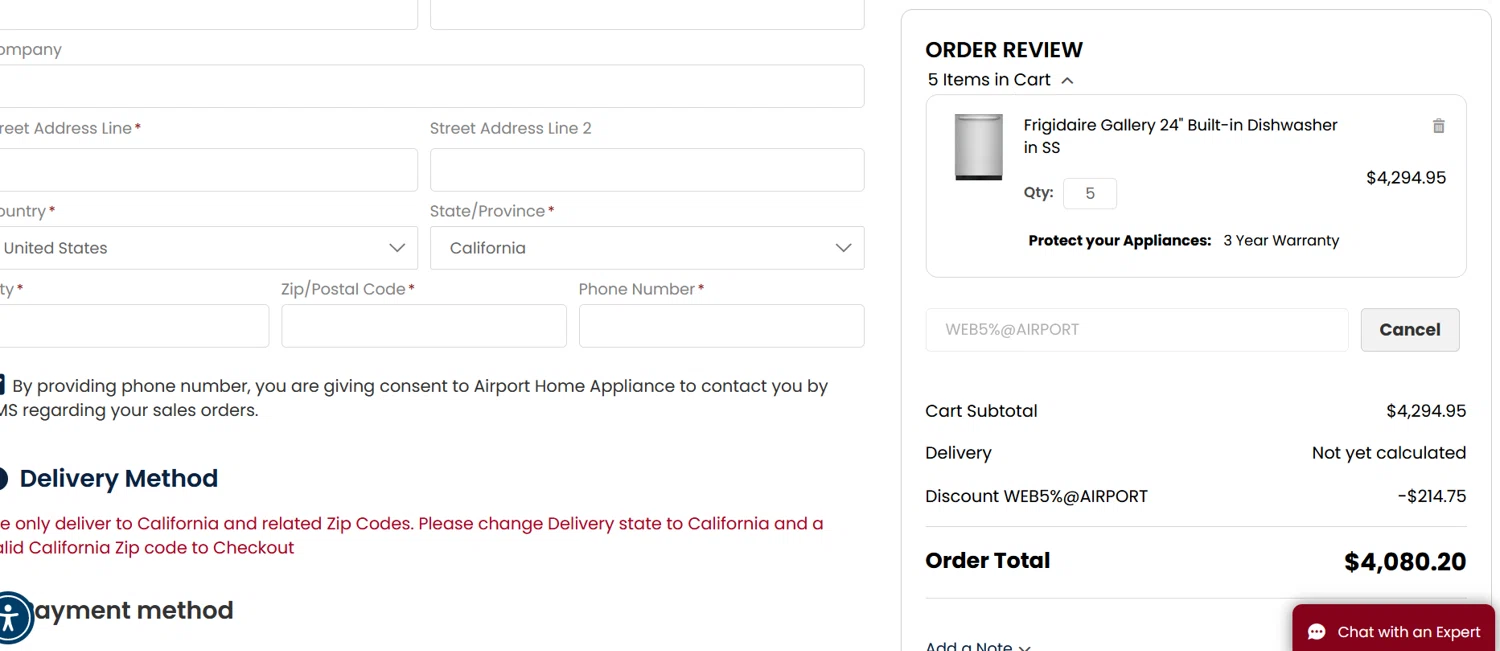 Airport Home Appliance checkout page showing Airport Home Appliance promo code box | Screenshot taken by SimplyCodes community member on Mar 24, 2024