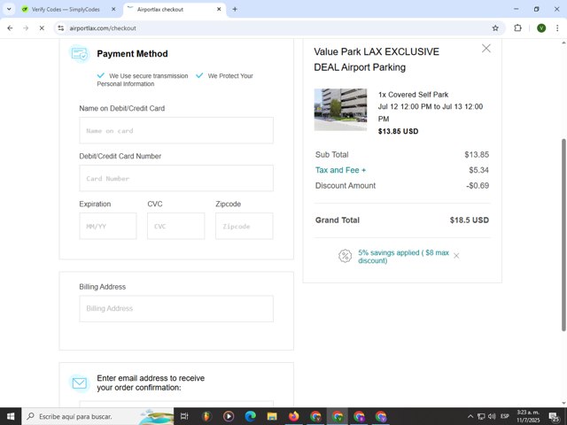 Airport Lax checkout page showing Airport Lax promo code box | Screenshot taken by SimplyCodes community member on Jul 11, 2025