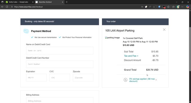Airport Lax checkout page showing Airport Lax promo code box | Screenshot taken by SimplyCodes community member on Aug 9, 2025