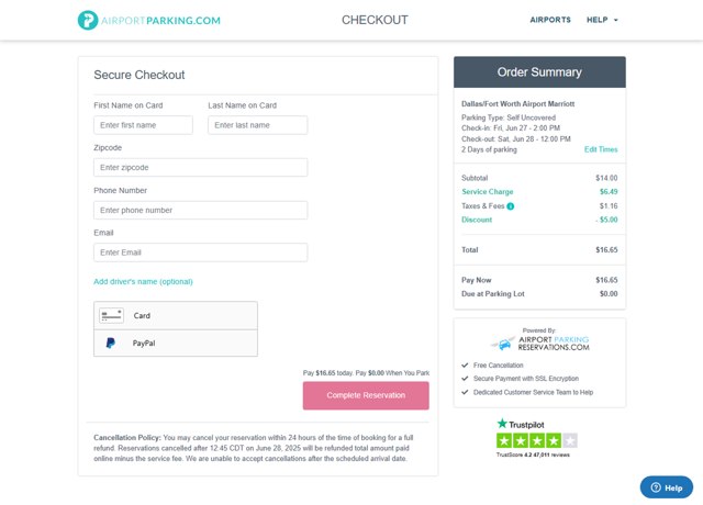 AirportParking.com checkout page showing AirportParking.com promo code box | Screenshot taken by SimplyCodes community member on Jun 27, 2025